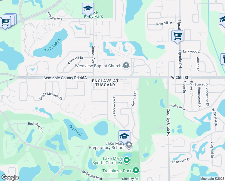 map of restaurants, bars, coffee shops, grocery stores, and more near 219 Vía Tuscany Loop in Lake Mary