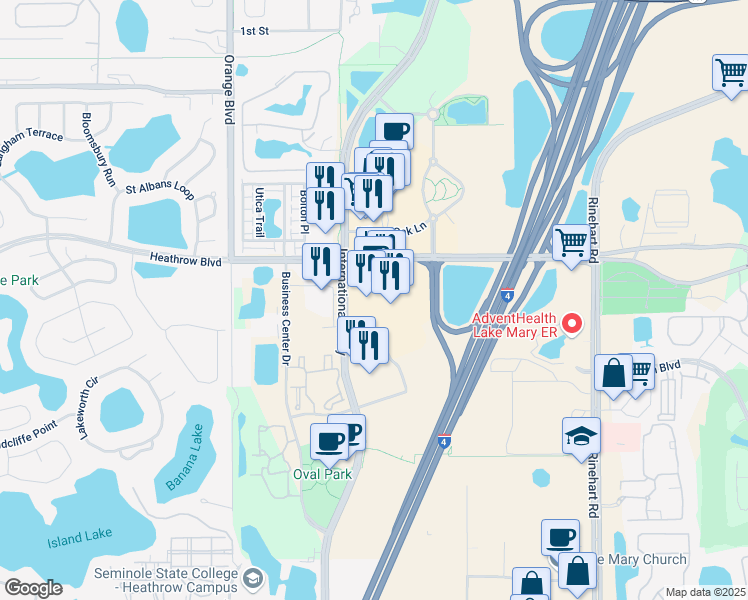 map of restaurants, bars, coffee shops, grocery stores, and more near 1525 International Parkway in Lake Mary