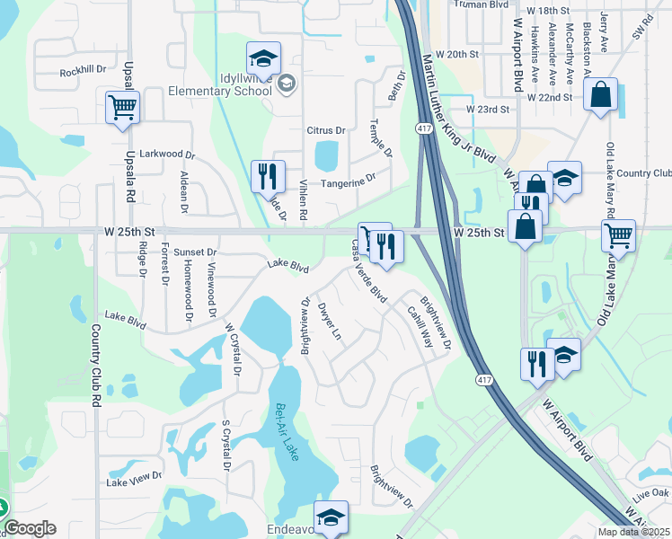 map of restaurants, bars, coffee shops, grocery stores, and more near 106 Brightview Drive in Lake Mary