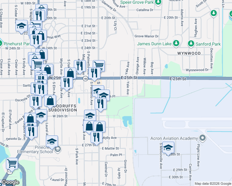 map of restaurants, bars, coffee shops, grocery stores, and more near 2529 Poinsetta Avenue in Sanford