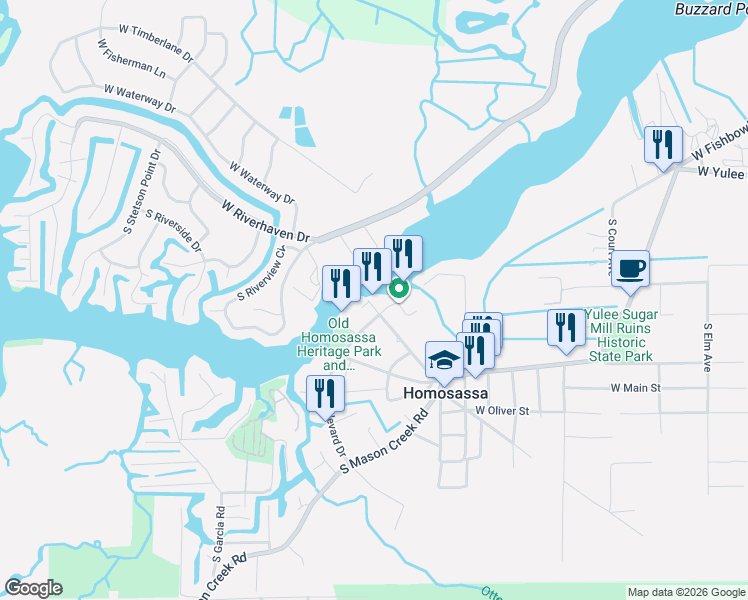 map of restaurants, bars, coffee shops, grocery stores, and more near 5424 S Cherokee Way in Homosassa