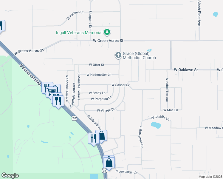 map of restaurants, bars, coffee shops, grocery stores, and more near 7154 West Brady Lane in Homosassa