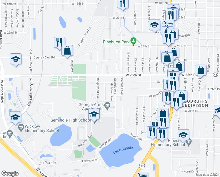 map of restaurants, bars, coffee shops, grocery stores, and more near 2508 Highlawn Avenue in Sanford