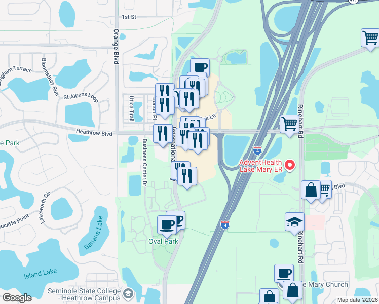 map of restaurants, bars, coffee shops, grocery stores, and more near 1525 International Parkway in Lake Mary