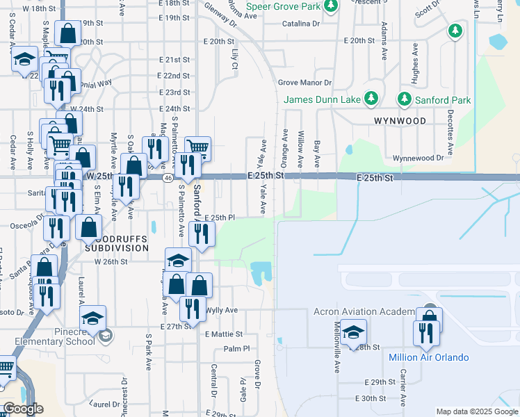 map of restaurants, bars, coffee shops, grocery stores, and more near 2520 Yale Avenue in Sanford