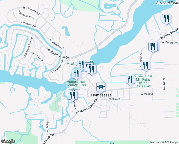 map of restaurants, bars, coffee shops, grocery stores, and more near 5297 South Cherokee Way in Homosassa