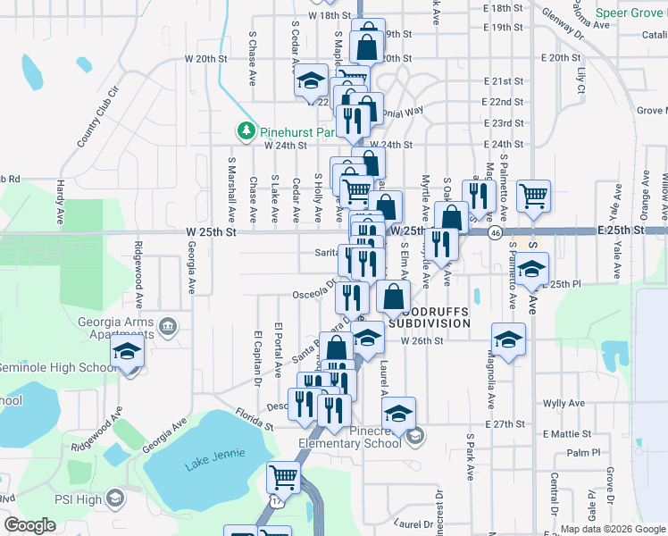 map of restaurants, bars, coffee shops, grocery stores, and more near 600 Briarcliffe Street in Sanford