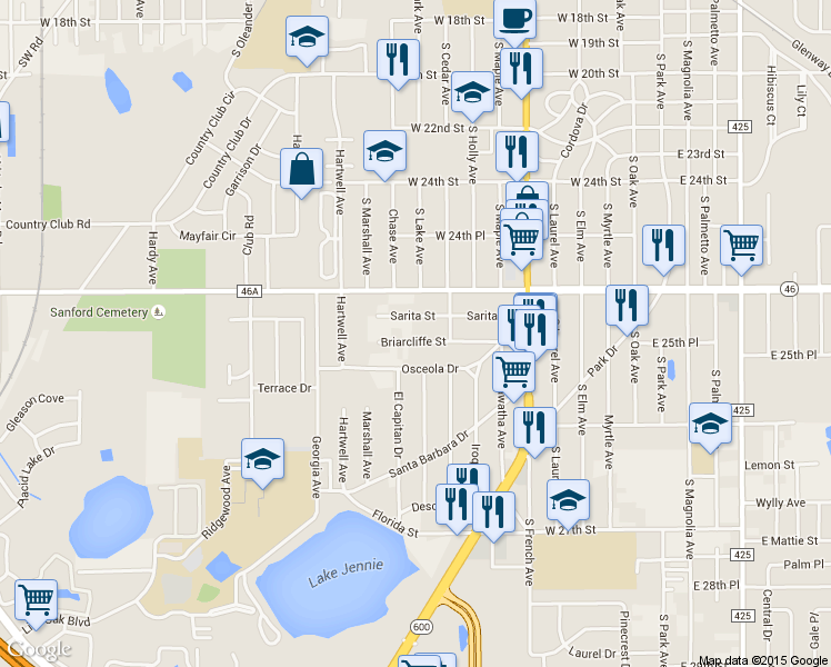 map of restaurants, bars, coffee shops, grocery stores, and more near 708 Briarcliffe Street in Sanford