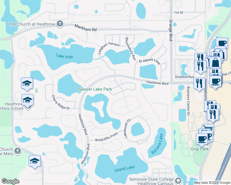 map of restaurants, bars, coffee shops, grocery stores, and more near 1461 Chessington Circle in Lake Mary
