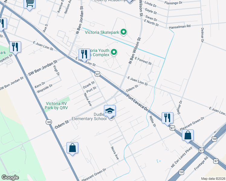 map of restaurants, bars, coffee shops, grocery stores, and more near 3409 Port Lavaca Drive in Victoria