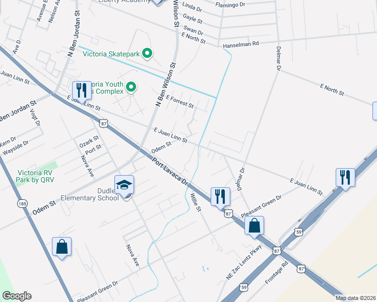 map of restaurants, bars, coffee shops, grocery stores, and more near 3605 East Juan Linn Street in Victoria
