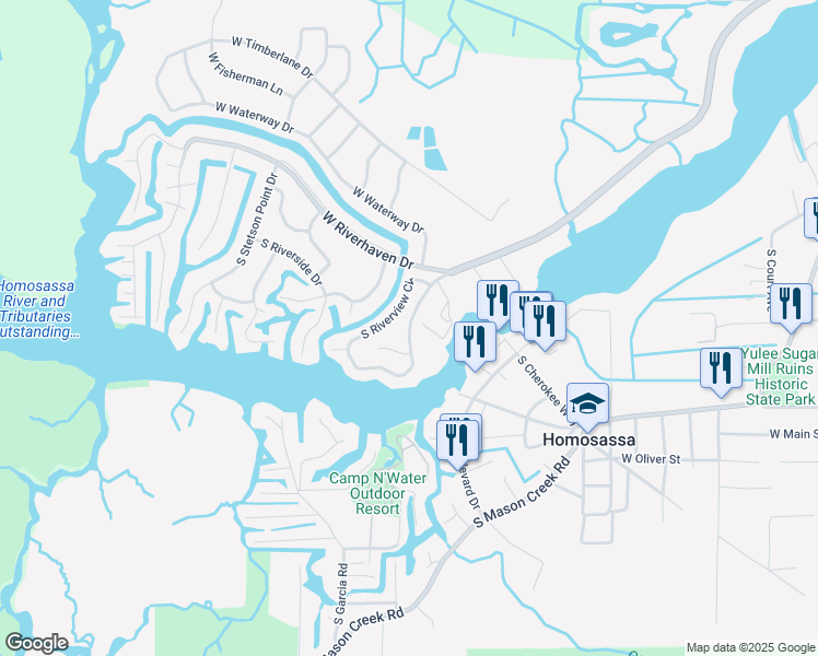 map of restaurants, bars, coffee shops, grocery stores, and more near 5286 South Riverview Circle in Homosassa