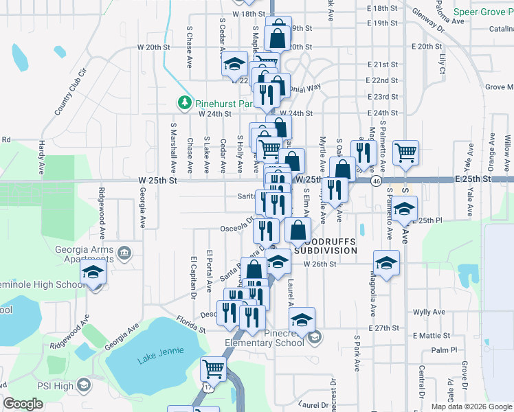 map of restaurants, bars, coffee shops, grocery stores, and more near 600 Briarcliffe Street in Sanford
