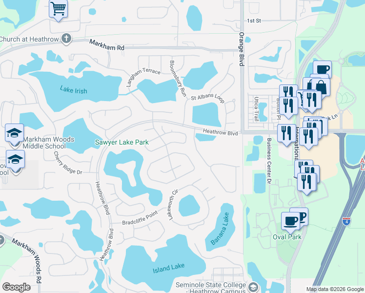 map of restaurants, bars, coffee shops, grocery stores, and more near 1196 Kersfield Circle in Lake Mary