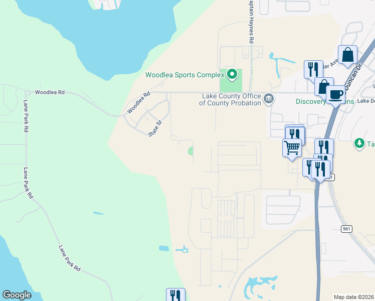 map of restaurants, bars, coffee shops, grocery stores, and more near 11820 Woodlea Road in Tavares
