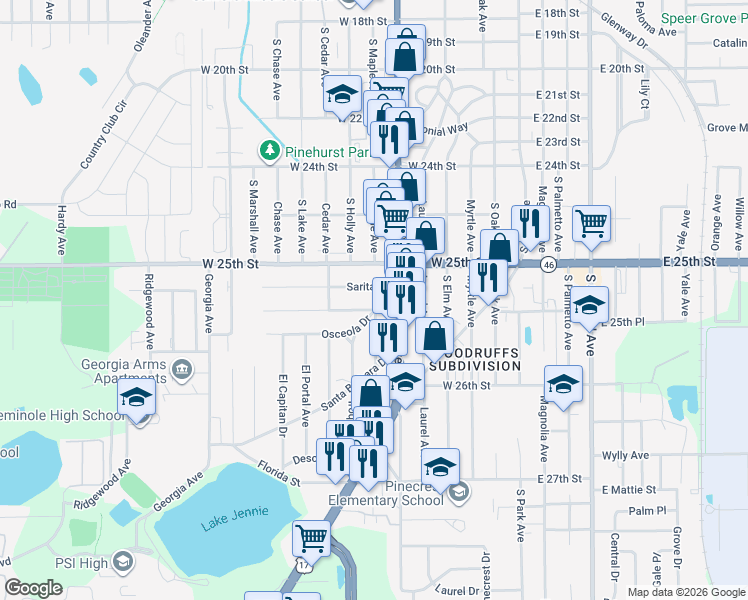 map of restaurants, bars, coffee shops, grocery stores, and more near 600 Briarcliffe Street in Sanford