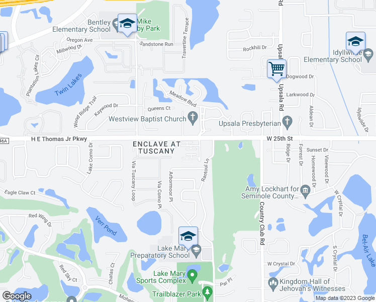 map of restaurants, bars, coffee shops, grocery stores, and more near 307 Dorchester Square in Lake Mary