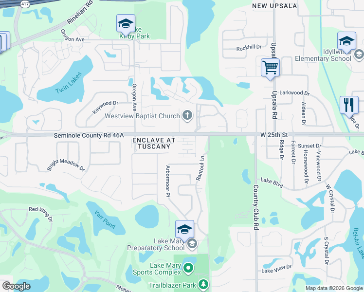 map of restaurants, bars, coffee shops, grocery stores, and more near 307 Dorchester Square in Lake Mary