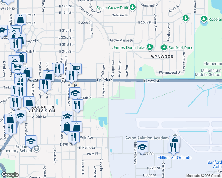 map of restaurants, bars, coffee shops, grocery stores, and more near 2528 Orange Avenue in Sanford
