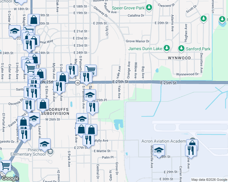 map of restaurants, bars, coffee shops, grocery stores, and more near 2520 Yale Avenue in Sanford