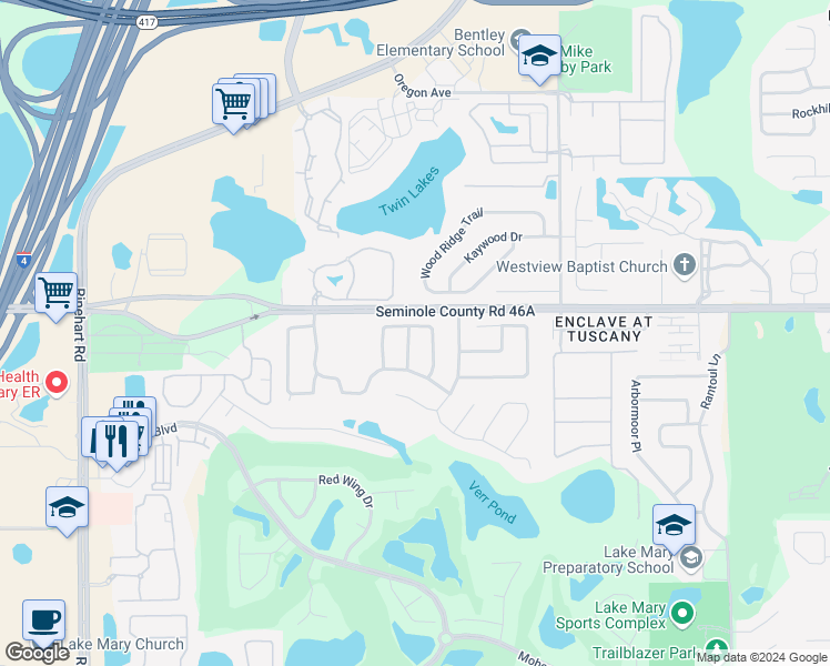 map of restaurants, bars, coffee shops, grocery stores, and more near 444 Long Pine Drive in Lake Mary