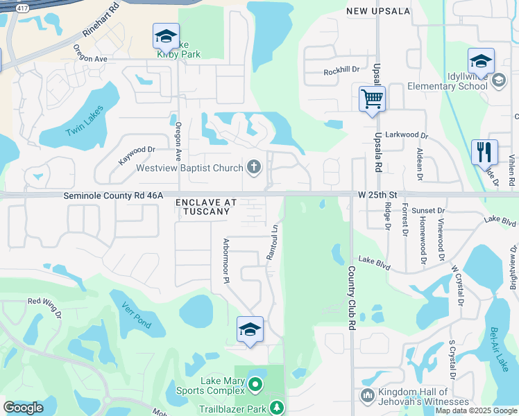 map of restaurants, bars, coffee shops, grocery stores, and more near 204 Dorchester Square in Lake Mary