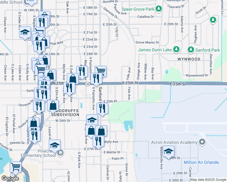 map of restaurants, bars, coffee shops, grocery stores, and more near 2520 Poinsetta Avenue in Sanford