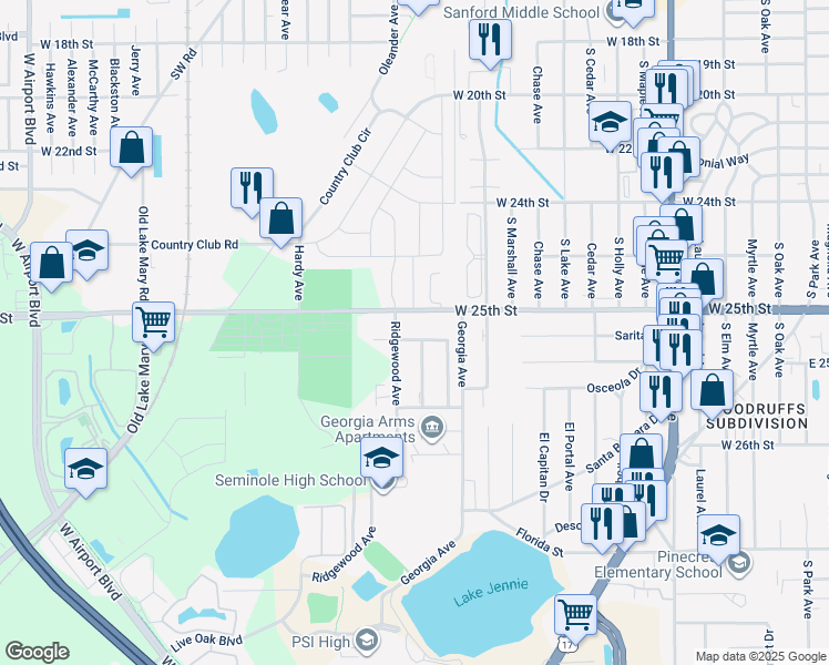 map of restaurants, bars, coffee shops, grocery stores, and more near 1505 West 25th Street in Sanford