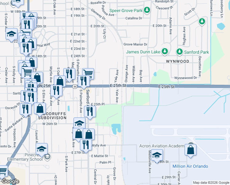 map of restaurants, bars, coffee shops, grocery stores, and more near 707 East 25th Street in Sanford