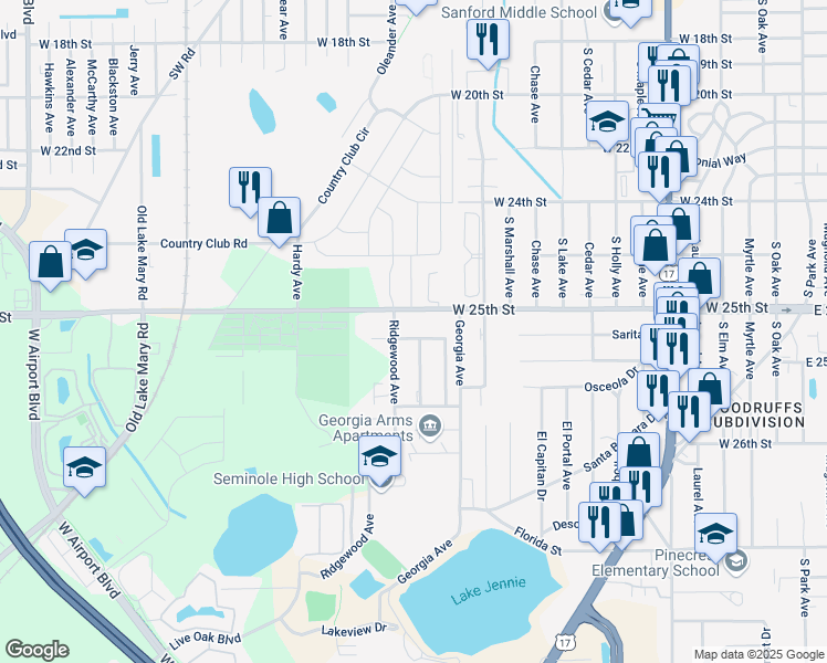 map of restaurants, bars, coffee shops, grocery stores, and more near 201 H E Thomas Junior Parkway in Sanford