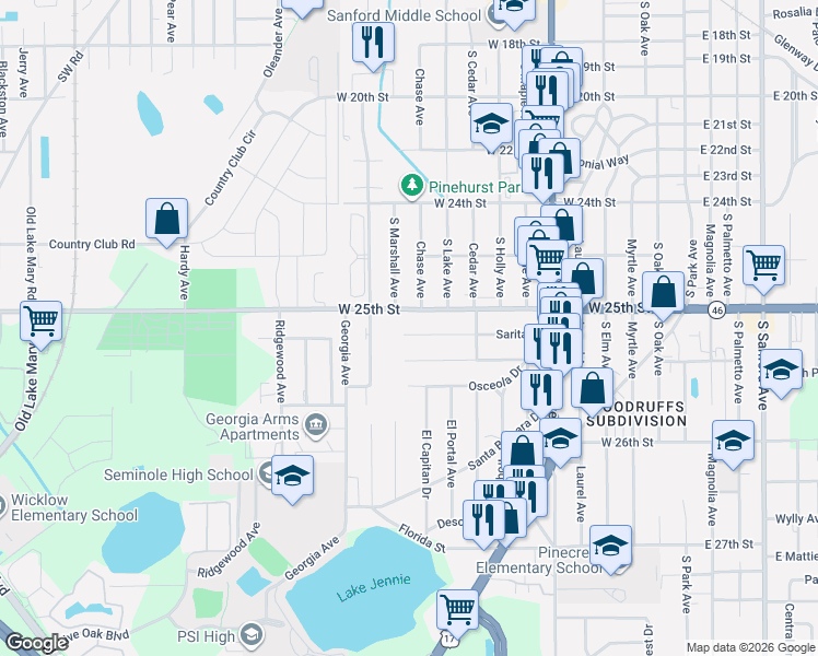 map of restaurants, bars, coffee shops, grocery stores, and more near 1109 County Road 46A in Sanford