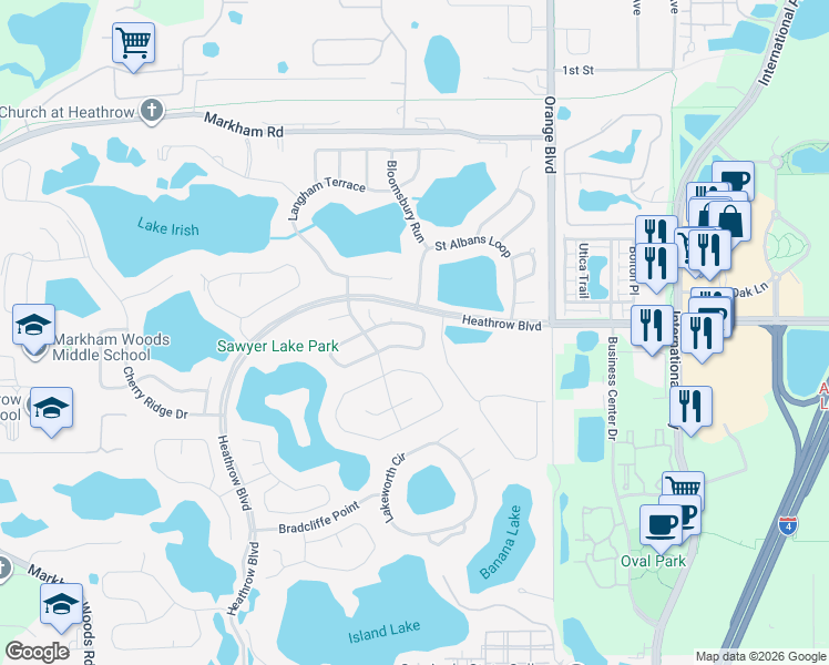 map of restaurants, bars, coffee shops, grocery stores, and more near 1266 Chessington Circle in Lake Mary