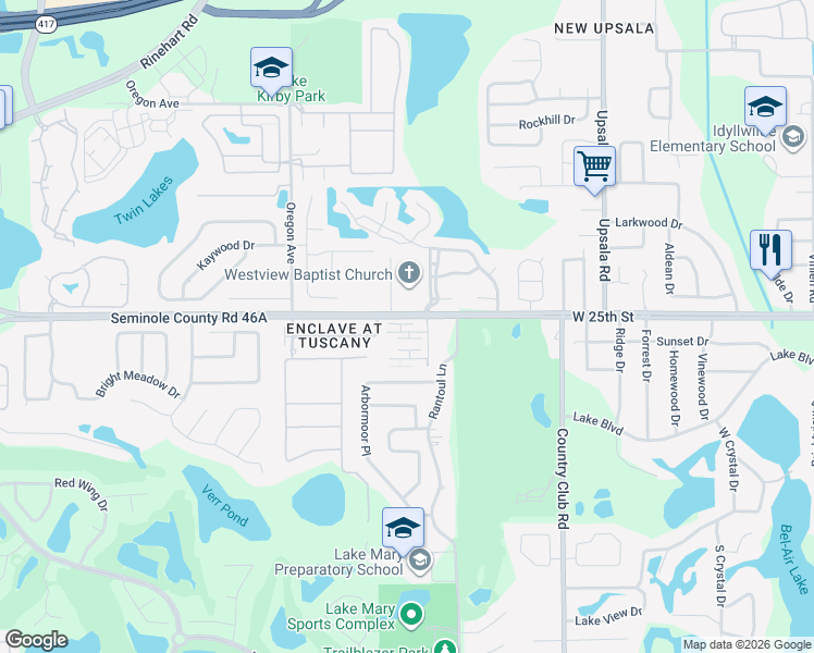 map of restaurants, bars, coffee shops, grocery stores, and more near 104 Dorchester Square in Lake Mary
