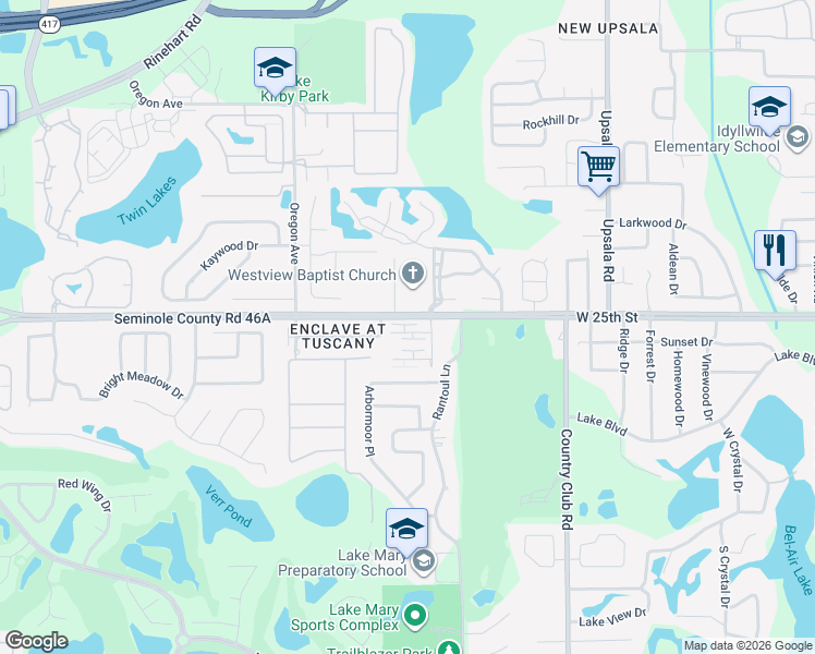 map of restaurants, bars, coffee shops, grocery stores, and more near 104 Dorchester Square in Lake Mary