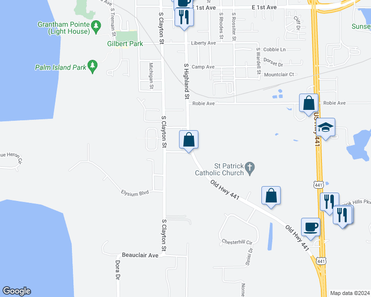 map of restaurants, bars, coffee shops, grocery stores, and more near 1259 South Highland Street in Mount Dora