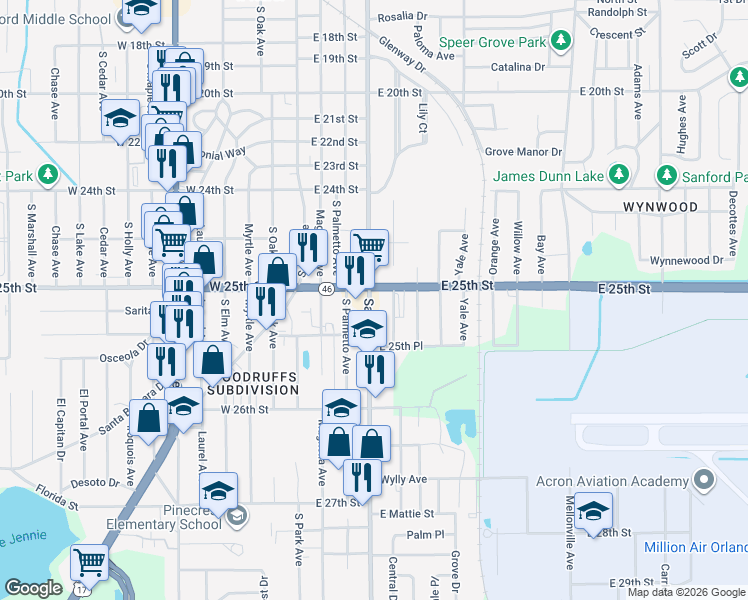 map of restaurants, bars, coffee shops, grocery stores, and more near 500 Florida 46 in Sanford