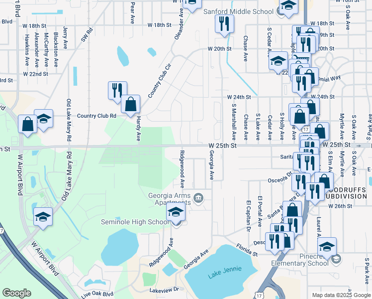 map of restaurants, bars, coffee shops, grocery stores, and more near 201 H E Thomas Junior Parkway in Sanford