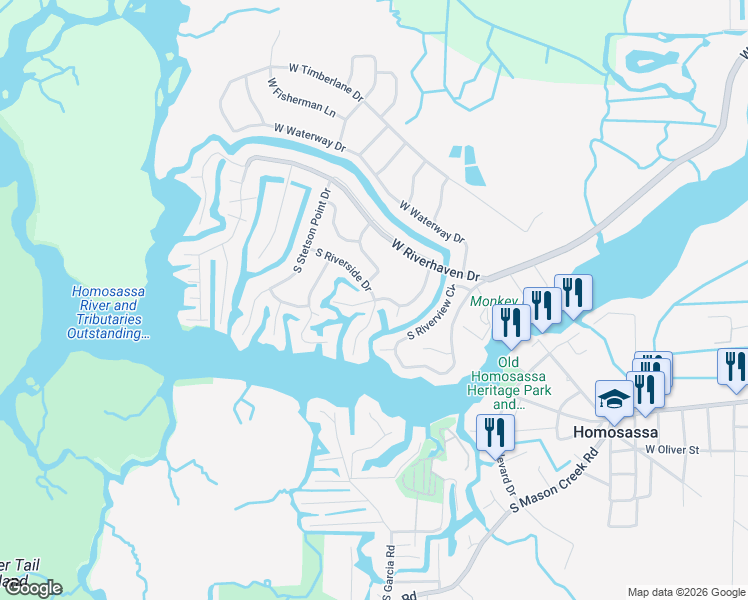 map of restaurants, bars, coffee shops, grocery stores, and more near 5176 South Riverside Drive in Homosassa