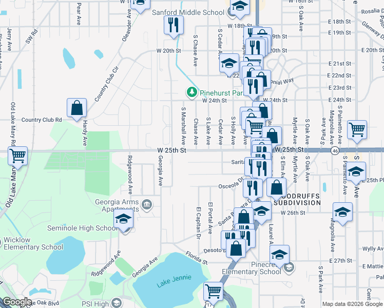map of restaurants, bars, coffee shops, grocery stores, and more near 1109 County Road 46A in Sanford