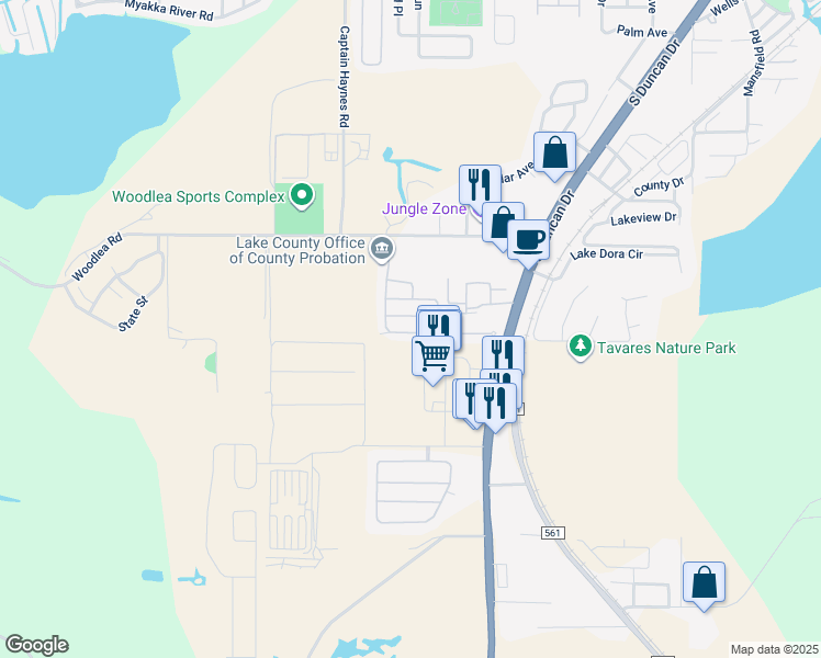 map of restaurants, bars, coffee shops, grocery stores, and more near 30118 Tavares Ridge Boulevard in Tavares
