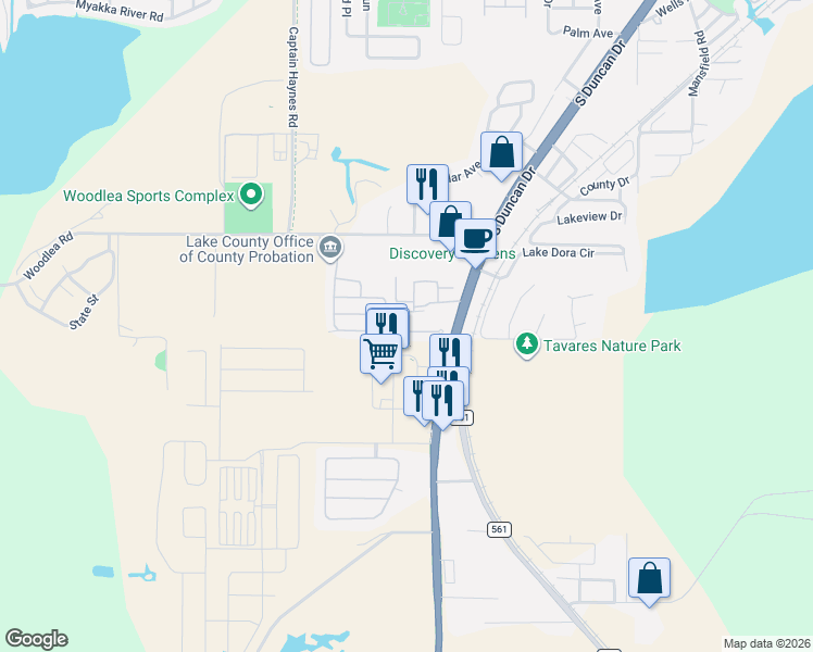 map of restaurants, bars, coffee shops, grocery stores, and more near 30034 Tavares Ridge Boulevard in Tavares