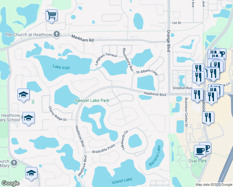 map of restaurants, bars, coffee shops, grocery stores, and more near 1082 Aberdovey Point in Lake Mary