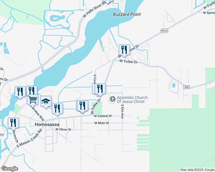 map of restaurants, bars, coffee shops, grocery stores, and more near 10401 West Yulee Drive in Homosassa