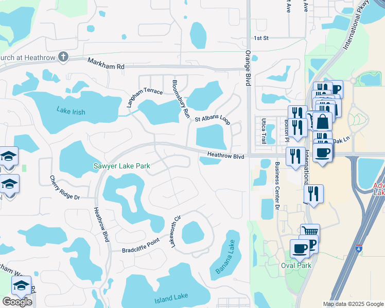 map of restaurants, bars, coffee shops, grocery stores, and more near 1266 Chessington Circle in Lake Mary