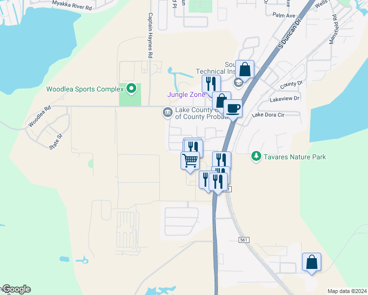map of restaurants, bars, coffee shops, grocery stores, and more near 30118 Tavares Ridge Boulevard in Tavares