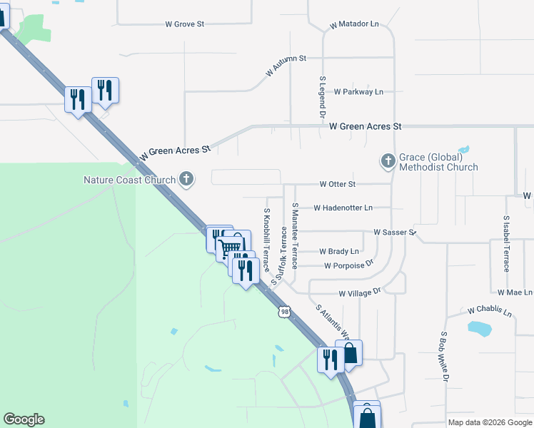 map of restaurants, bars, coffee shops, grocery stores, and more near 5189 South Knobhill Terrace in Homosassa