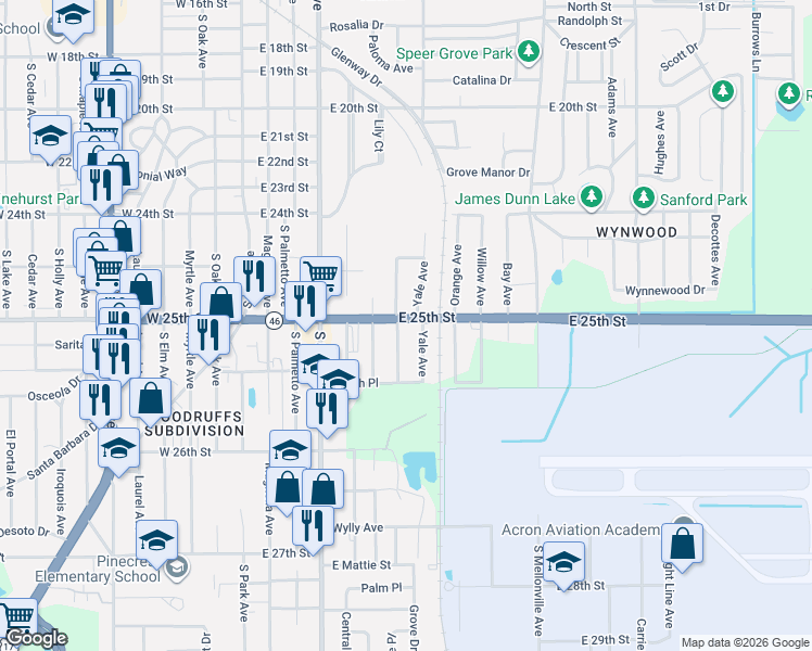map of restaurants, bars, coffee shops, grocery stores, and more near 707 East 25th Street in Sanford