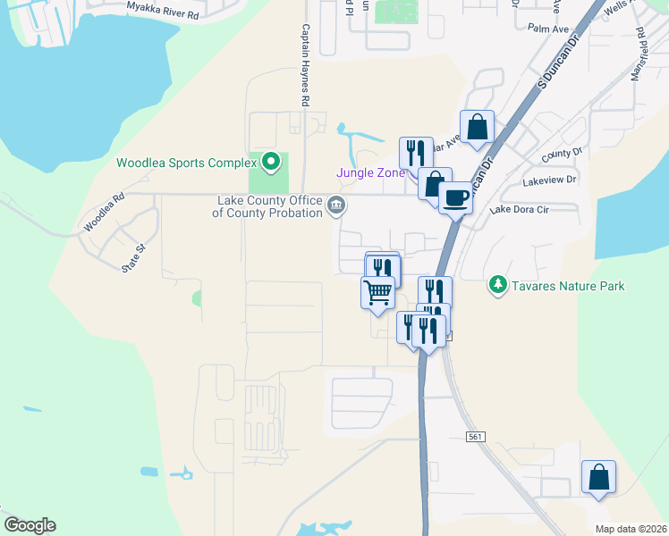 map of restaurants, bars, coffee shops, grocery stores, and more near 30203 Tavares Ridge Boulevard in Tavares