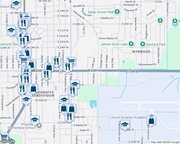 map of restaurants, bars, coffee shops, grocery stores, and more near 707 East 25th Street in Sanford