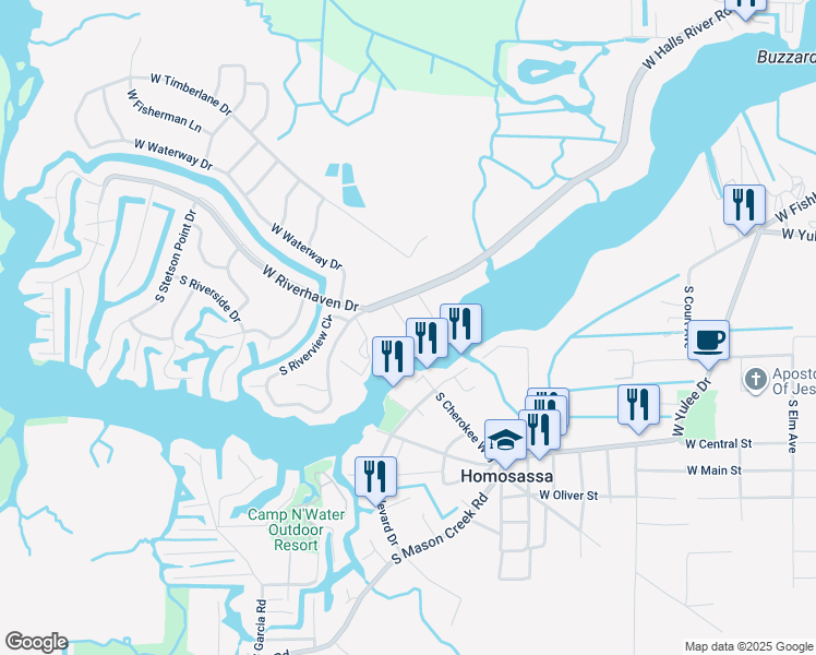 map of restaurants, bars, coffee shops, grocery stores, and more near 5184 South Gray Pelican Way in Homosassa